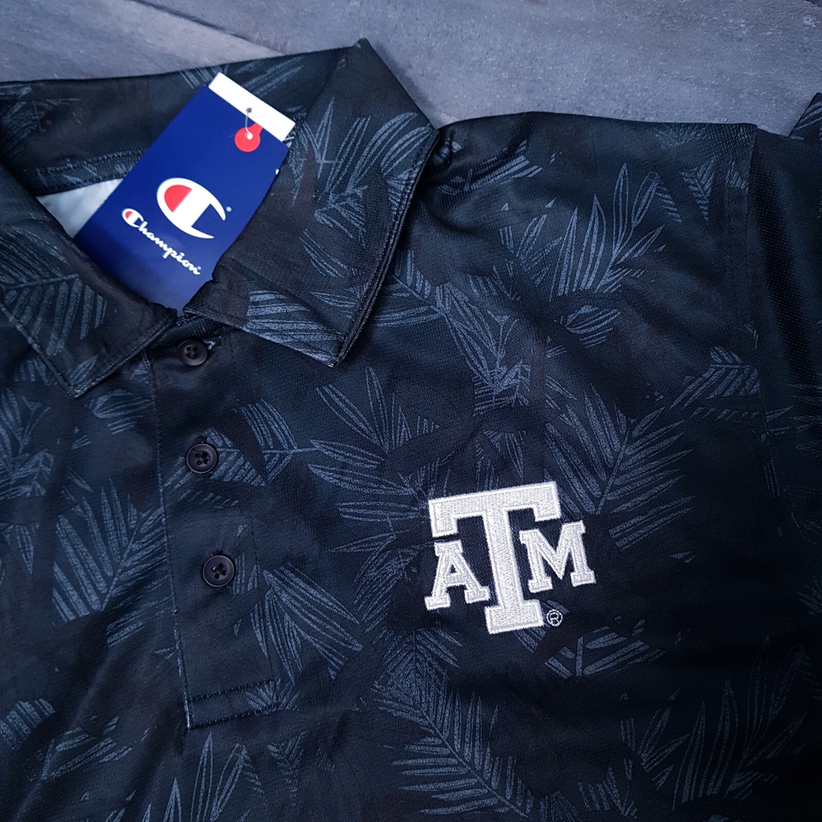 CHAMPION Texas A&M Aggies Golf Polo Shirt Mens 2XL Floral Tropical Black Grey