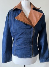 Astraka Of London Vintage Denim And 100% Leather Collar Jacket Uk 10 - 12 Zip