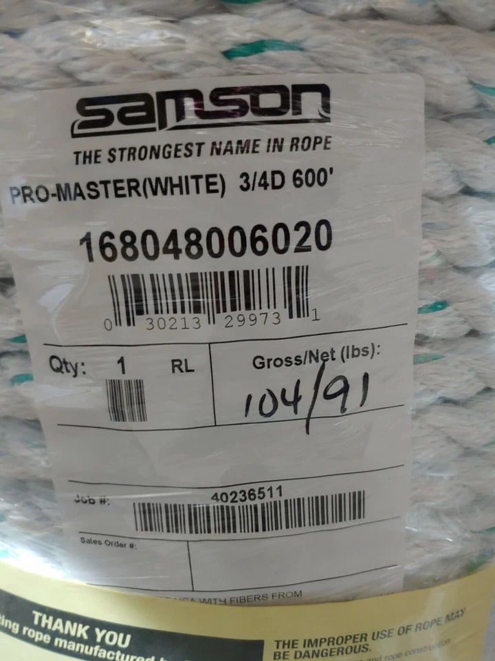CARRETE SAMSON Pro-Master 3/4” X 600’, cuerda de aparejo BLANCO Foto 2 de 2