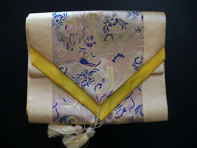Elegant Yellow Gold Blue Floral Japanese Silk Obi