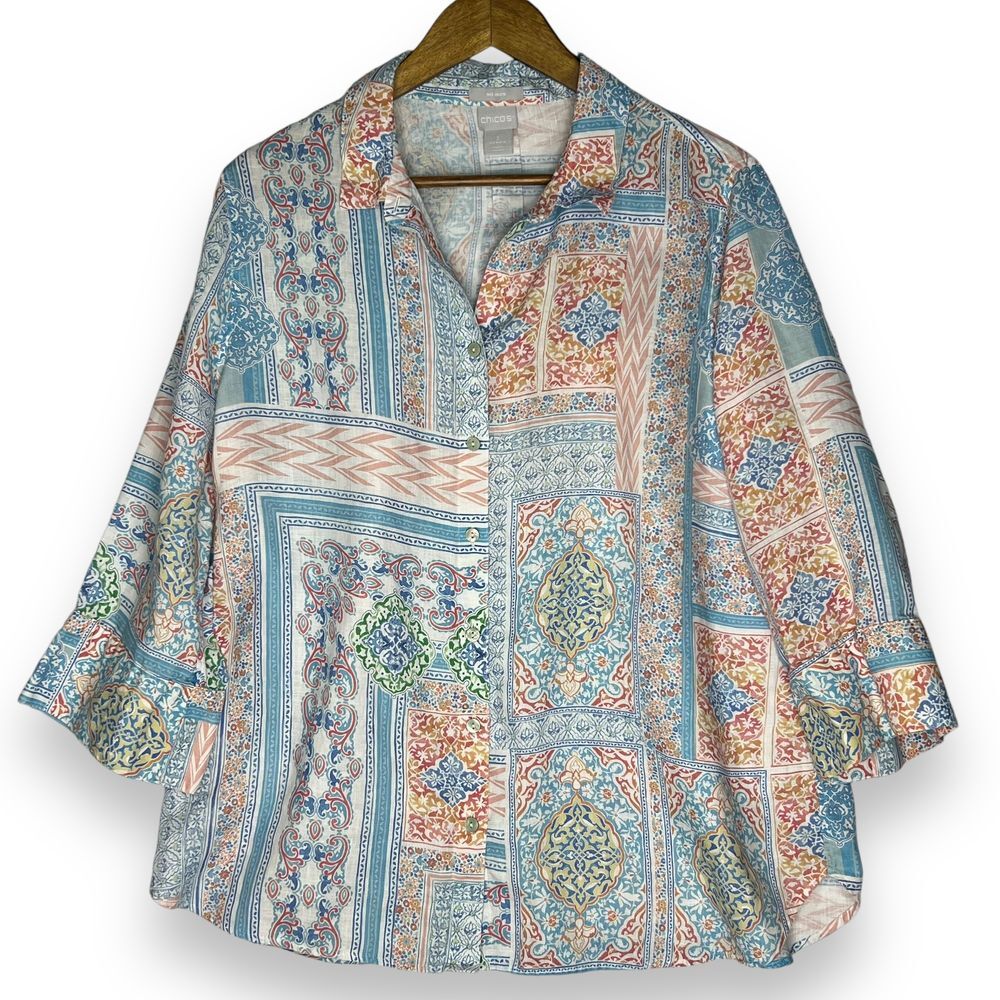 Chico's 100% Linen Patchwork Blouse Button Up Boh… - image 1
