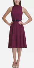 NWT TOMMY HILFIGER 2 S BLUE PINK HOUNDSTOOTH JERSEY MOCK BELT FIT FLARE DRESS