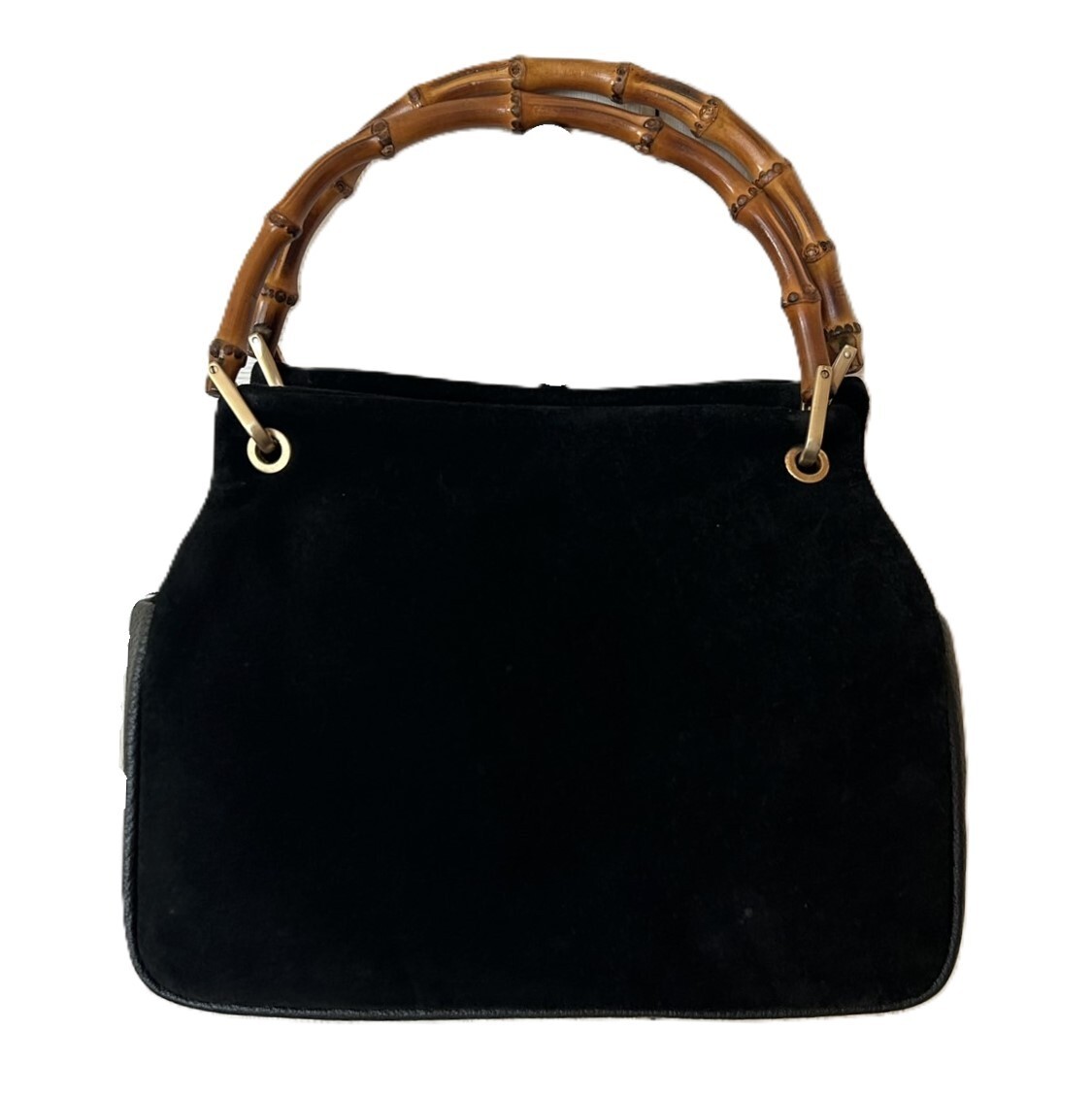 GUCCI Bamboo Suede Leather Handbag in Black Gold Auth 0140