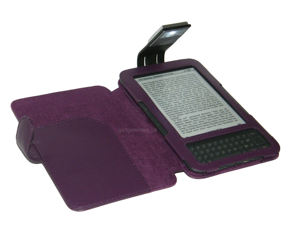 PURPLE COVER CASE WITH READING LIGHT FOR AMAZON KINDLE KEYBOARD 3 AND 3G