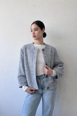 CHANEL Boutique 90s Tweed Bomber Jacket Boxy Fit Blue White Authentic Coat 44FR