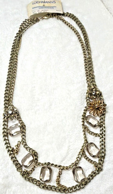 Loehmann's Gold Tone Necklace Curb Link Chain Clear Stones Flower Pendant