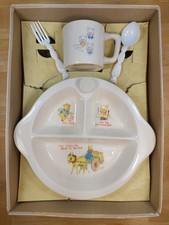Excello Three Little Pigs Child's Warming Dish Set w/ Cup Spoon Fork Box 1940's