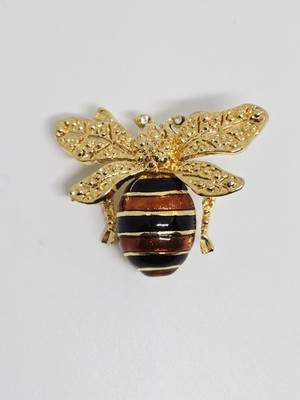 Gold Tone Bee Brooch Pin Enamel Black Brown Striped Animal Theme 1.5'' x 2 ''