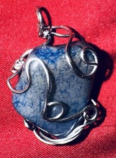 Wire Wrapped Irregular Blue Stone Pendant Silver Handmade Art Nature Jewelry