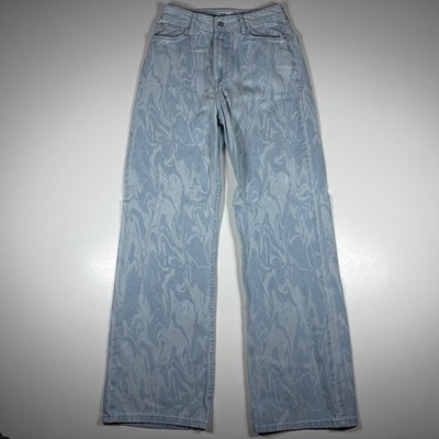 Bershka Jeans Women 4 Light Wash Wave Print 90s Wide Flare Y2K Festival