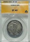 1938 D Walking Liberty Silver Half Dollar ANACS XF40 Tough Date Walker