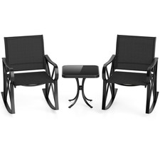3 Piece Outdoor Rocking Chair Set with Glass Side Table Black Metal Frame