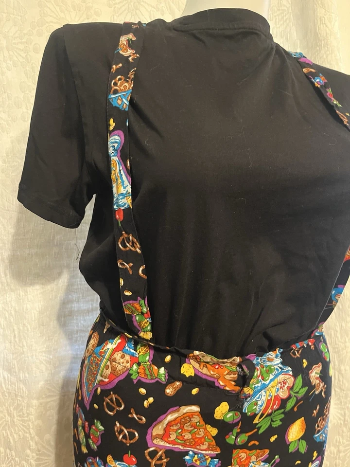 Vintage 80s Rayon Shorts & Suspenders Fun Bright Pizza Print Size L Made in USA - Image 4 of 4