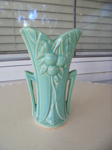 Vintage 1940s McCoy Aqua Bud Vase Leaves & Berries