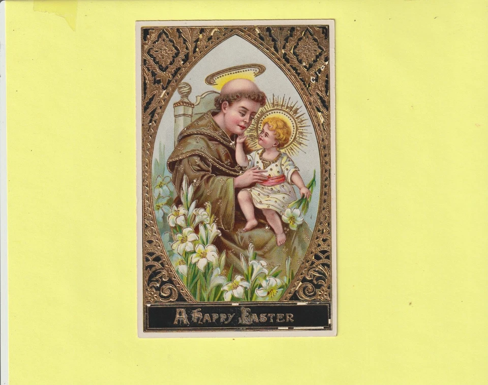 CPA MOINE AVEC AUREOLE AVEC JESUS ENTOURES DE LYS BLANCS DORURE SUR LA CARTE - Photo 1/2