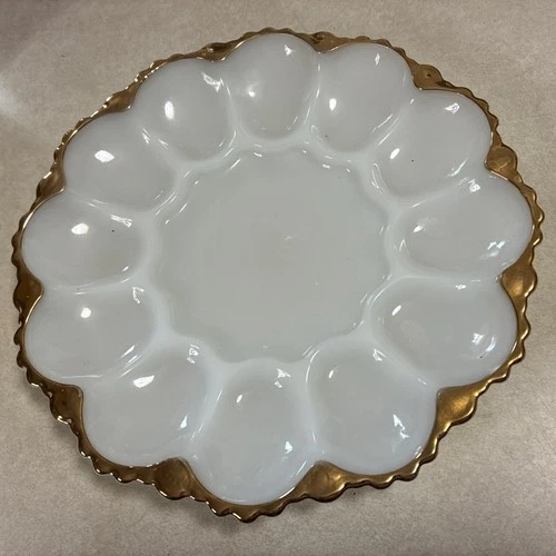 Vintage White With Gold Trim Milk Glass Egg Plate Serving Tray Rare