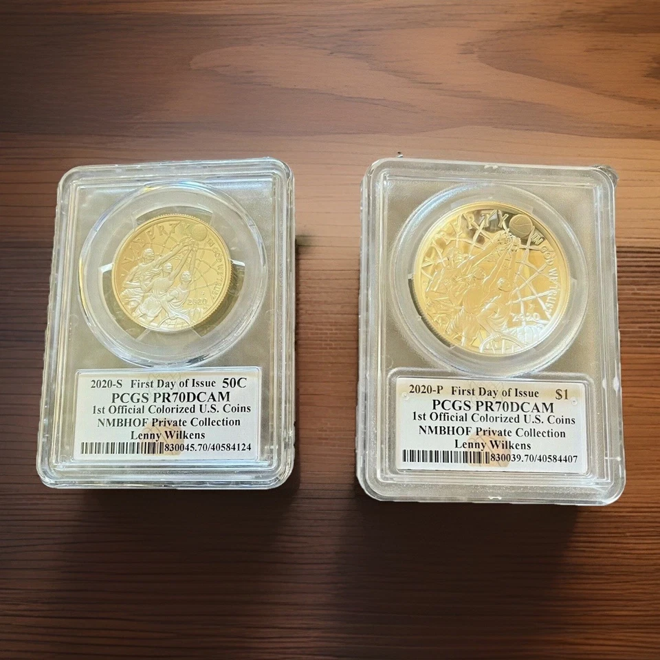 2 Coins- Silver Ag 2020 $1 P & 50C S PCGS PR70 FDOI Lenny Wilkens Basketball HOF - Image 2 of 2