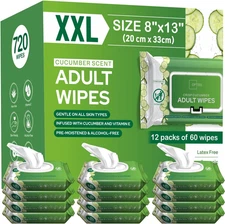 Adult Wipes For Elderly Softly Scented - 8x13" 720ct (12 Packs of 60)