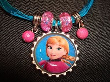 Blue Ribbon  Cord Bottle Cap Bling Charm Necklace Beads Frozen Ice Sister Anna