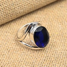 Lab-Created Blue Sapphire Gemstone Handmade 925 Sterling Silver Jewelry Ring