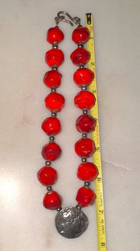 Vintage Red Dyed Bamboo Coral Sterling Silver .999 FS Coin Chunky Necklace - Picture 10 of 11