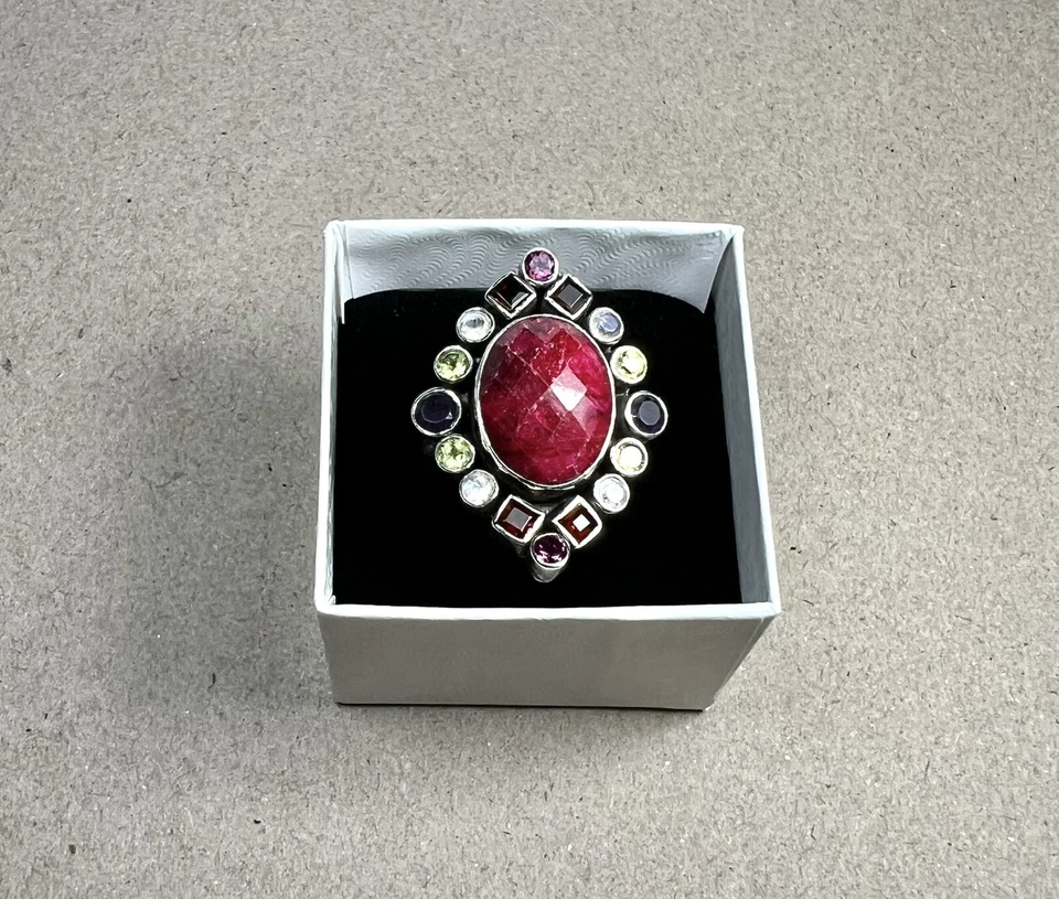Estate Faceted Natural Ruby & Multi Gemstone Sterling Silver Ring Sz 7 Signed - Image 3 of 4