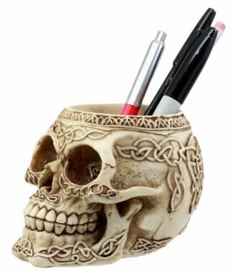 Day Of The Dead Celtic Tribal Tattoo Skull Pen Stationery Holder Figurine 4.5''L