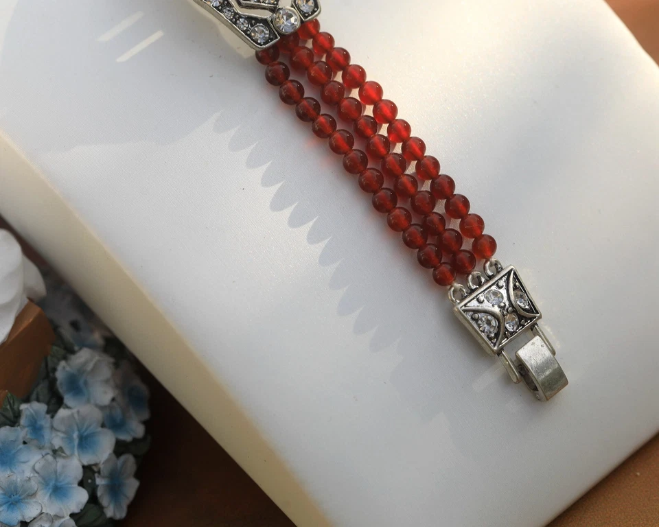 Armband Silberfarben Art Deco Strass Mehrere Reihen Perle Rote Achat QD30 - Bild 3 von 4