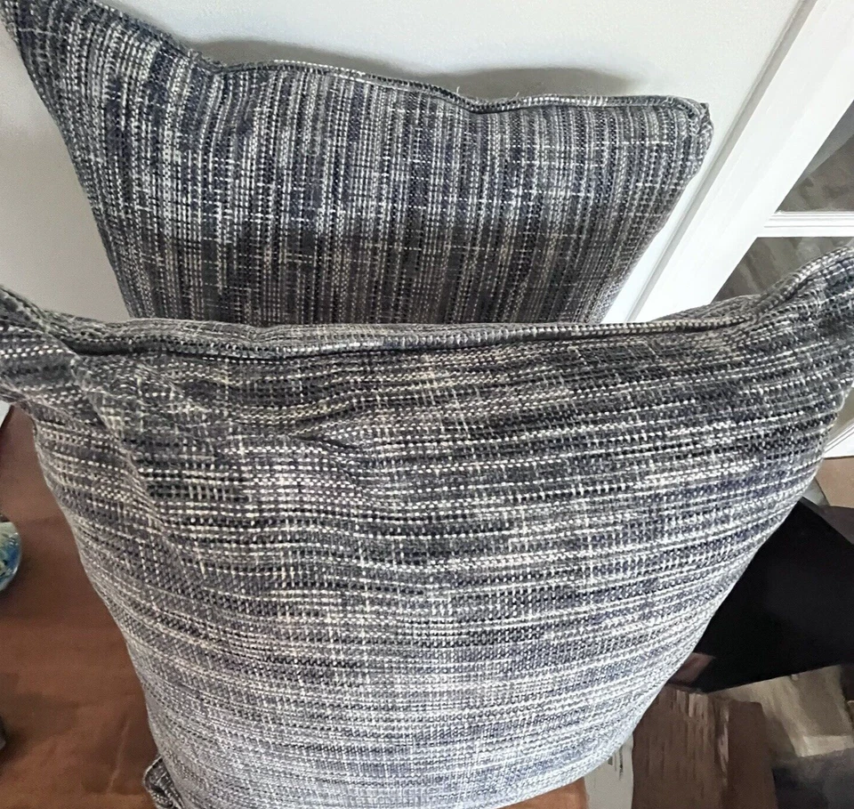 Set of 2 Feather Filled Large Throw Pillows Blue and Gray Chenille Plaid  22” - Image 4 of 4