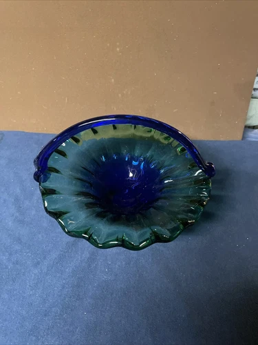 Vintage Murano Style Handblown Glass Ruffle Basket Blue And Green MUST READ