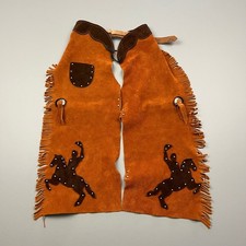 Vintage Suede Leather Chaps Kids M Brown Western Fringe Studded USA Rodeo Ranch