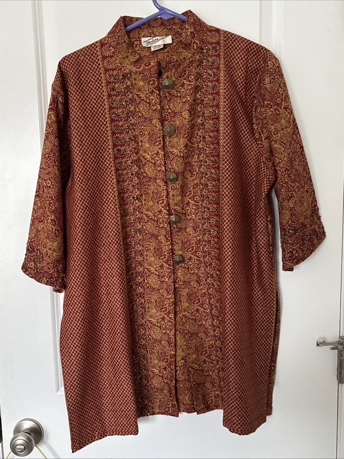 Sterling Styles Button Front Gold Red Kimono Bead… - image 1