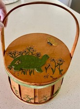 Vintage MCM Turtle Wooden Picnic Basket Purse Hand Painted Spring Lined