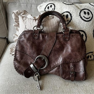 Vintage Dior Gaucho Distressed Brown Leather Saddle Shoulder Bag 