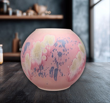Large Pink Studio Art Glass Vase 9  Signed Abstract Splatter Mottled Design