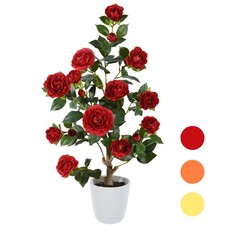 Artificial Camellia Tree 3ft, Fake Plant in White Pot, Faux Camellia Silk Flower