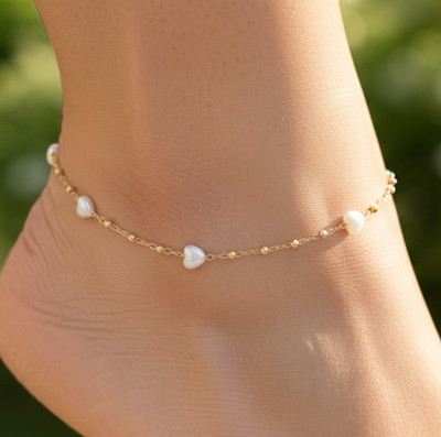 Elegant Gold Color Anklet Minimalist Boho Pearl Heart Charm Pattern Anklet