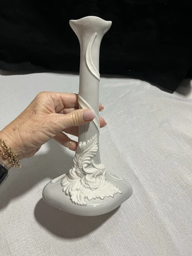 Vtg Nora Fenton Made In Italy Single Grey Candlestick Holder W/Applied Leaves