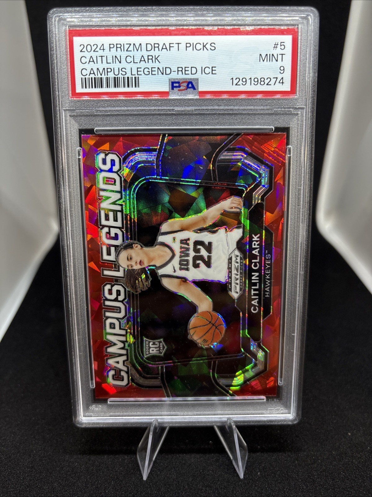 Caitlin Clark Rookie Card 2024 Prizm Draft Picks Campus Legend Red Ice #5 PSA 9