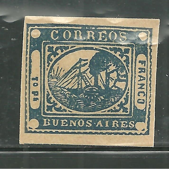BUENOS AIRES 7 MINT LIGHT HINGE, LIKELY COUNTERFIET, STAEMSHIP ISSUE OF 1858 #1