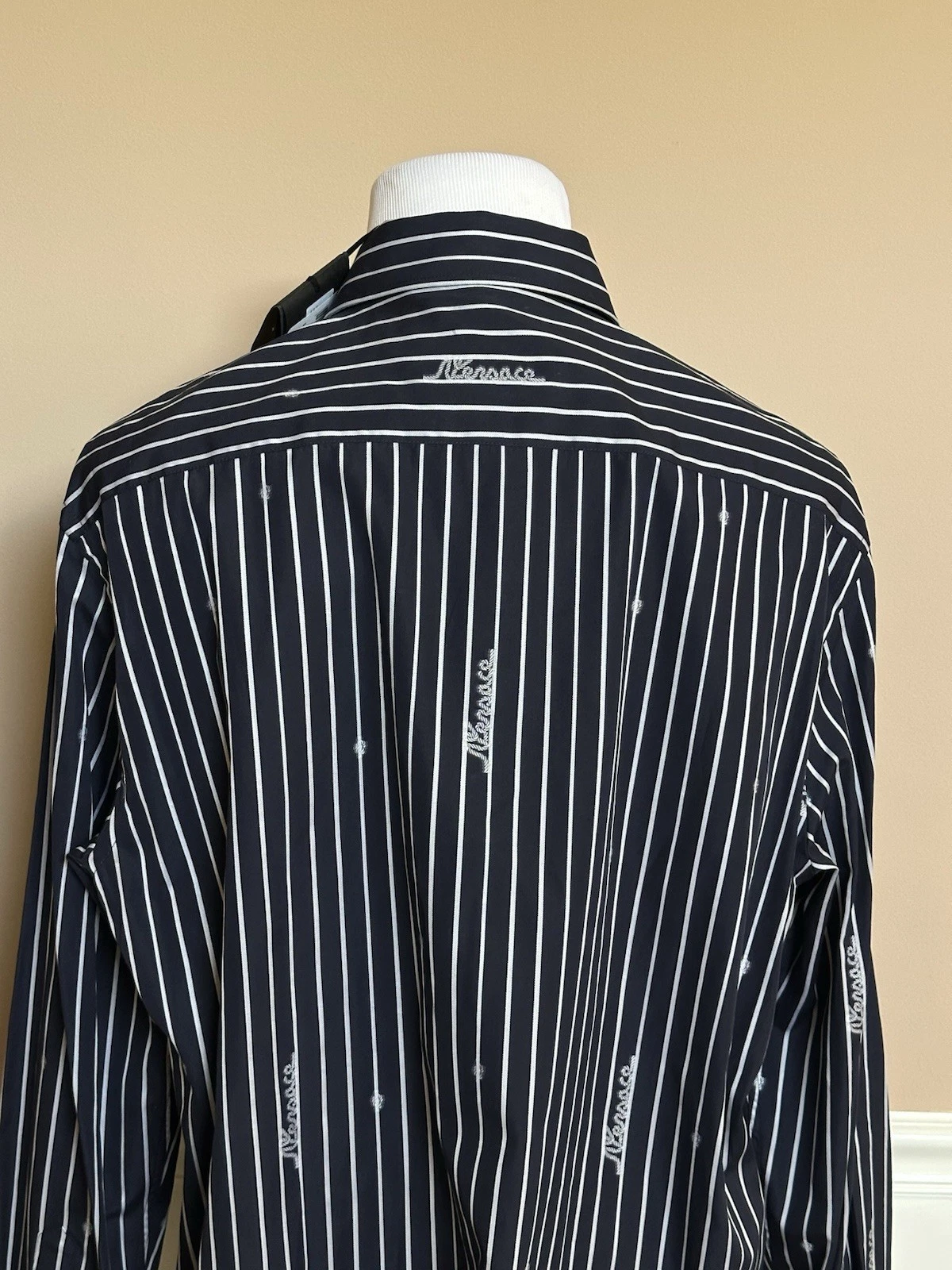 Camicia informale Versace blu stampa grafica taglia 54 101387 Made in Italy nuova con etichetta $1025