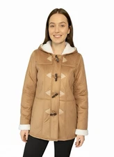 Tan Faux Suede Duffle Coat Jacket Sherpa Fleece Lined Hooded Toggle Closure