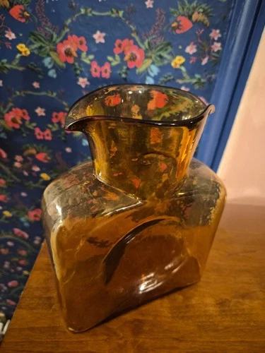 Vintage Blenko  Amber Art Glass Double Spout Water Bottle Carafe Pitcher MCM