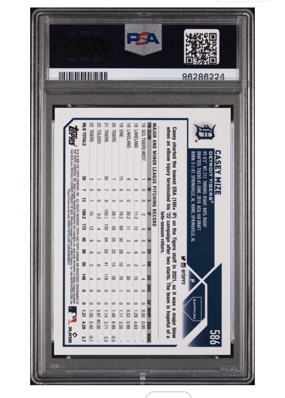 2023 Topps Chrome Sapphire Edition - Casey Mize #586 SuperFractor 1/1 PSA 9 view 2
