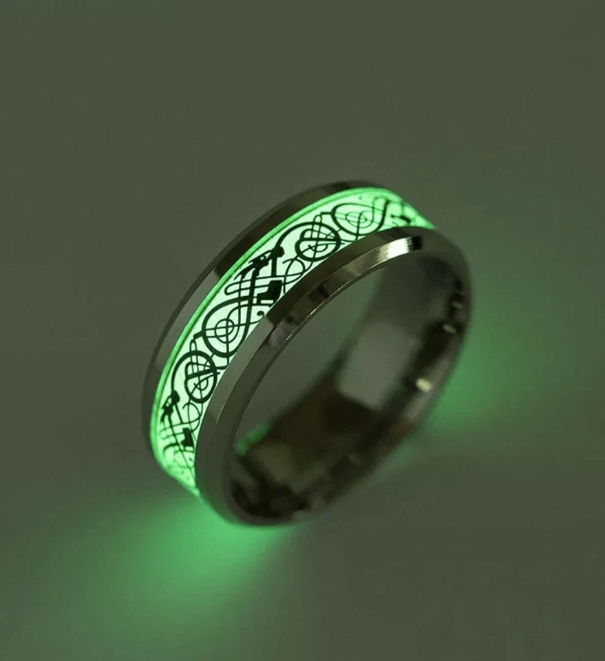 Mens Ring Stainless Steel Titanium Plated Glowing Ring With Gold Dragon Inlay - Image 3 of 3