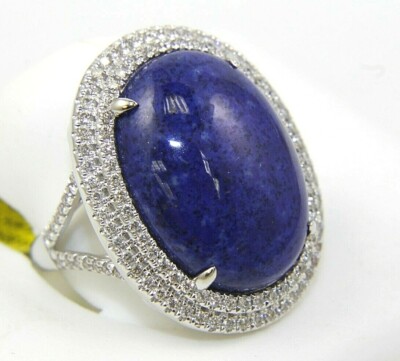 Natural Oval Lapis Lazuli & Diamond Halo Solitaire Ring 14k White Gold 15.25Ct