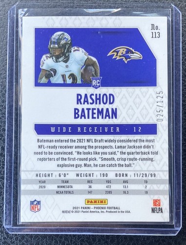 2021 Panini Phoenix Purple #113 Rashod Bateman RC 25/125 - Picture 2 of 2