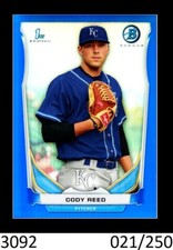 1-2014 BOWMAN CHROME BLUE REFRACTOR CODY REED REDS 021/250