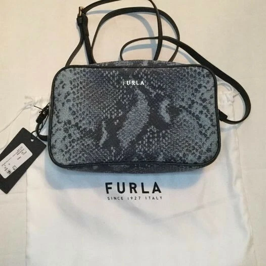 NWT AUTH Furla Lilli Crossbody Blue Black Snakeskin Embossed