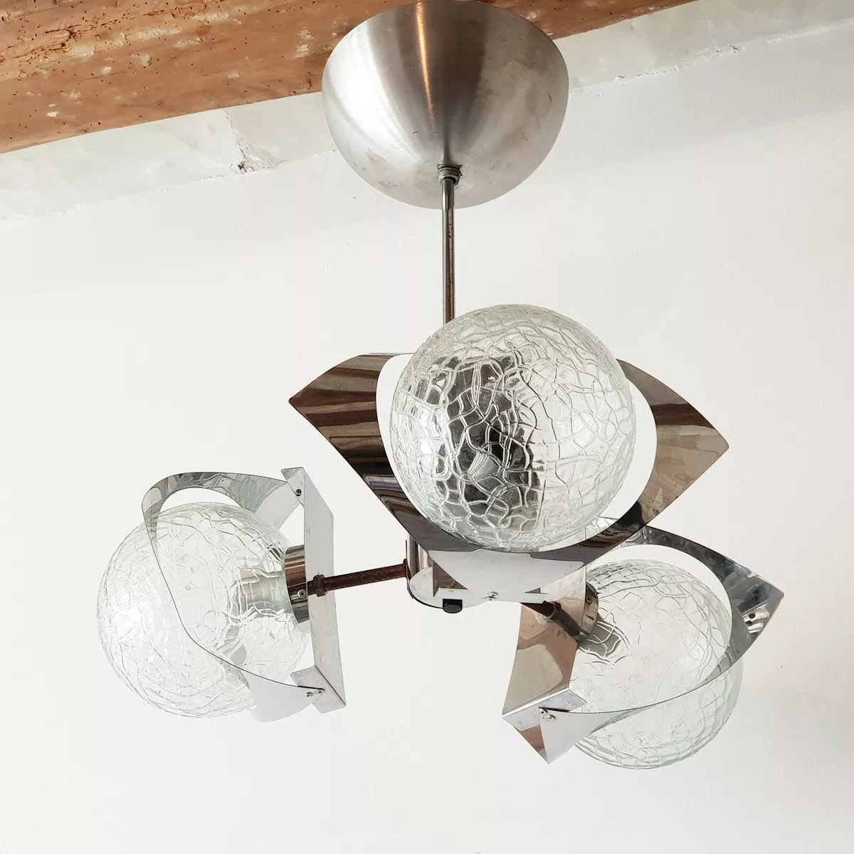 Ceiling Chandelier Sputnik 1970 Vintage 3 Balls Glass Steel
